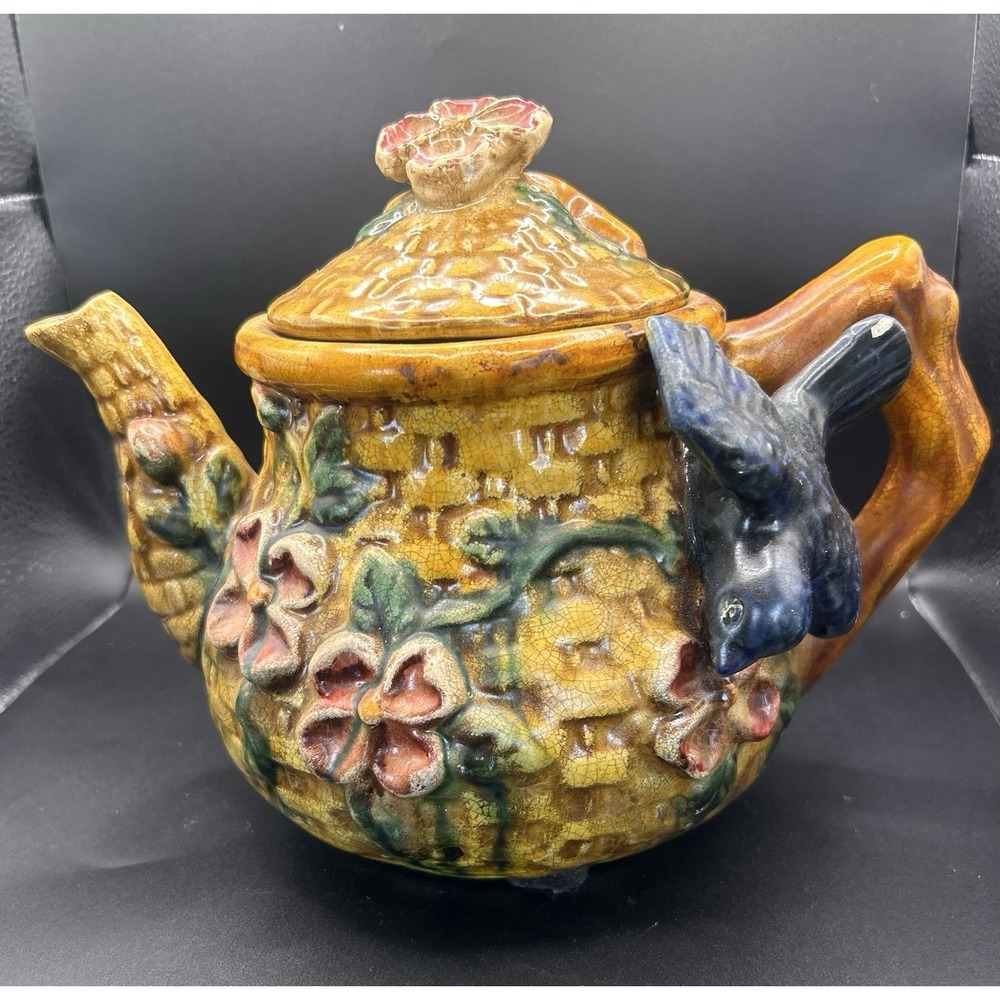 Vintage Ceramic Tea Pot Basket Weave Raised Blue Bird